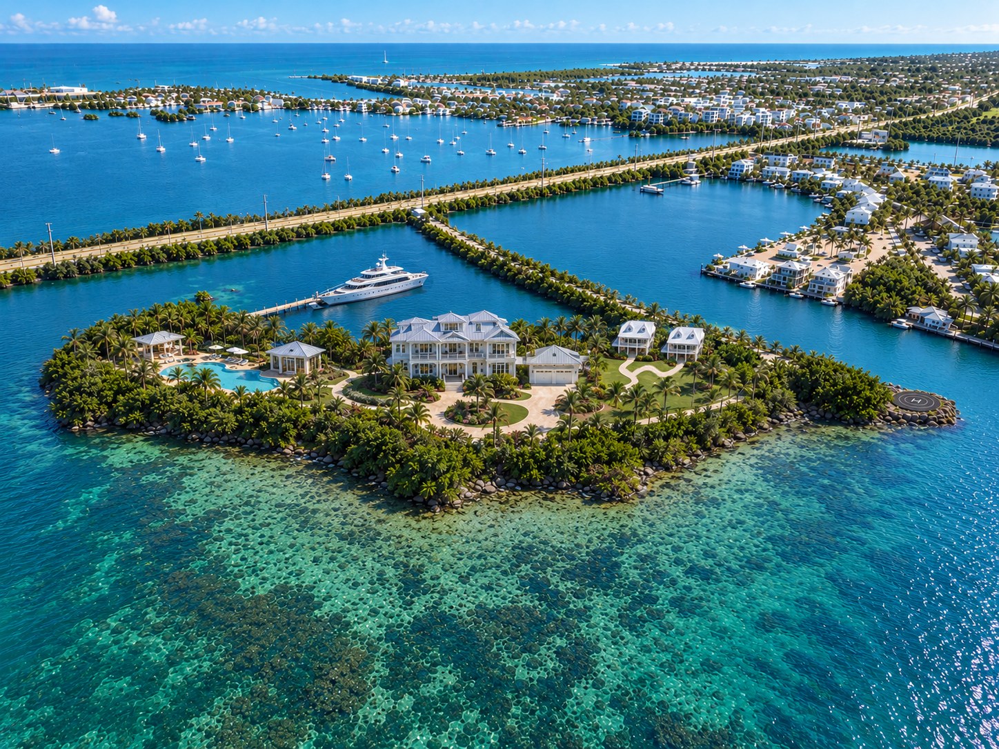 Aerial view of the completed waterfront estate on the Florida Keys peninsula with pool, guest houses, dock, and yacht in place