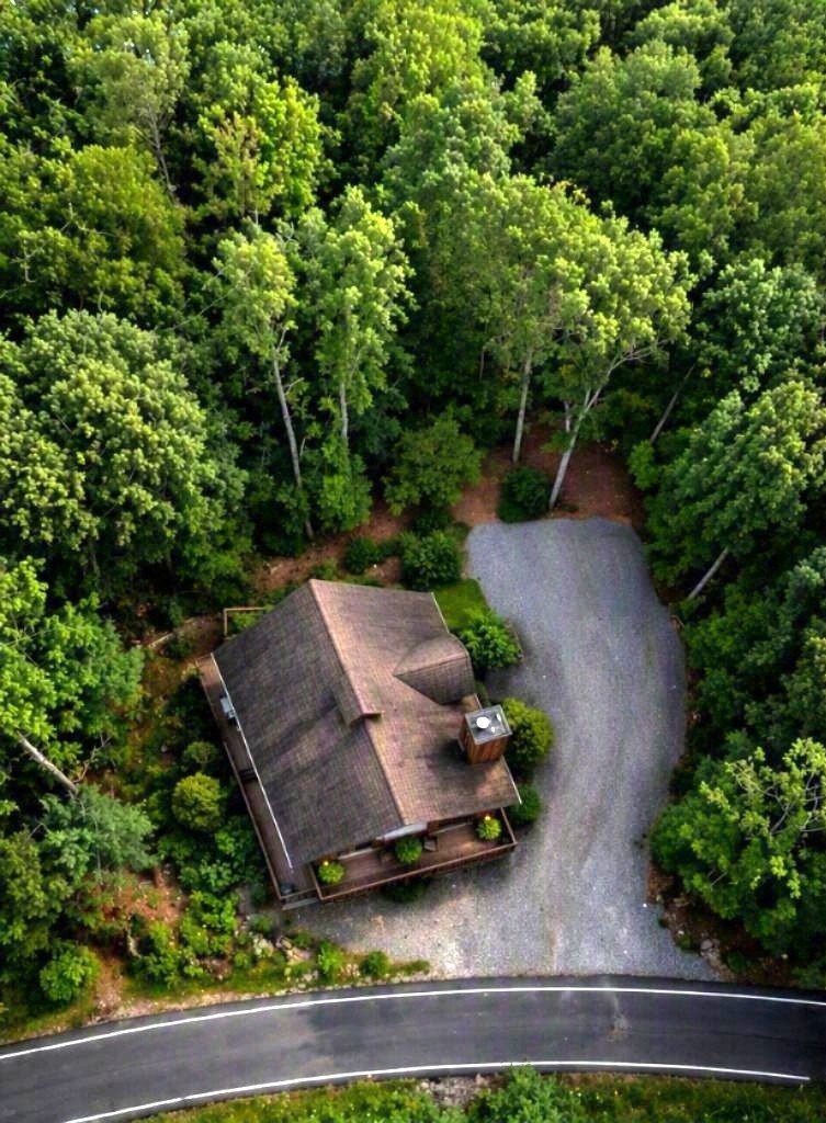 A-frame cabin rendering – aerial overview
